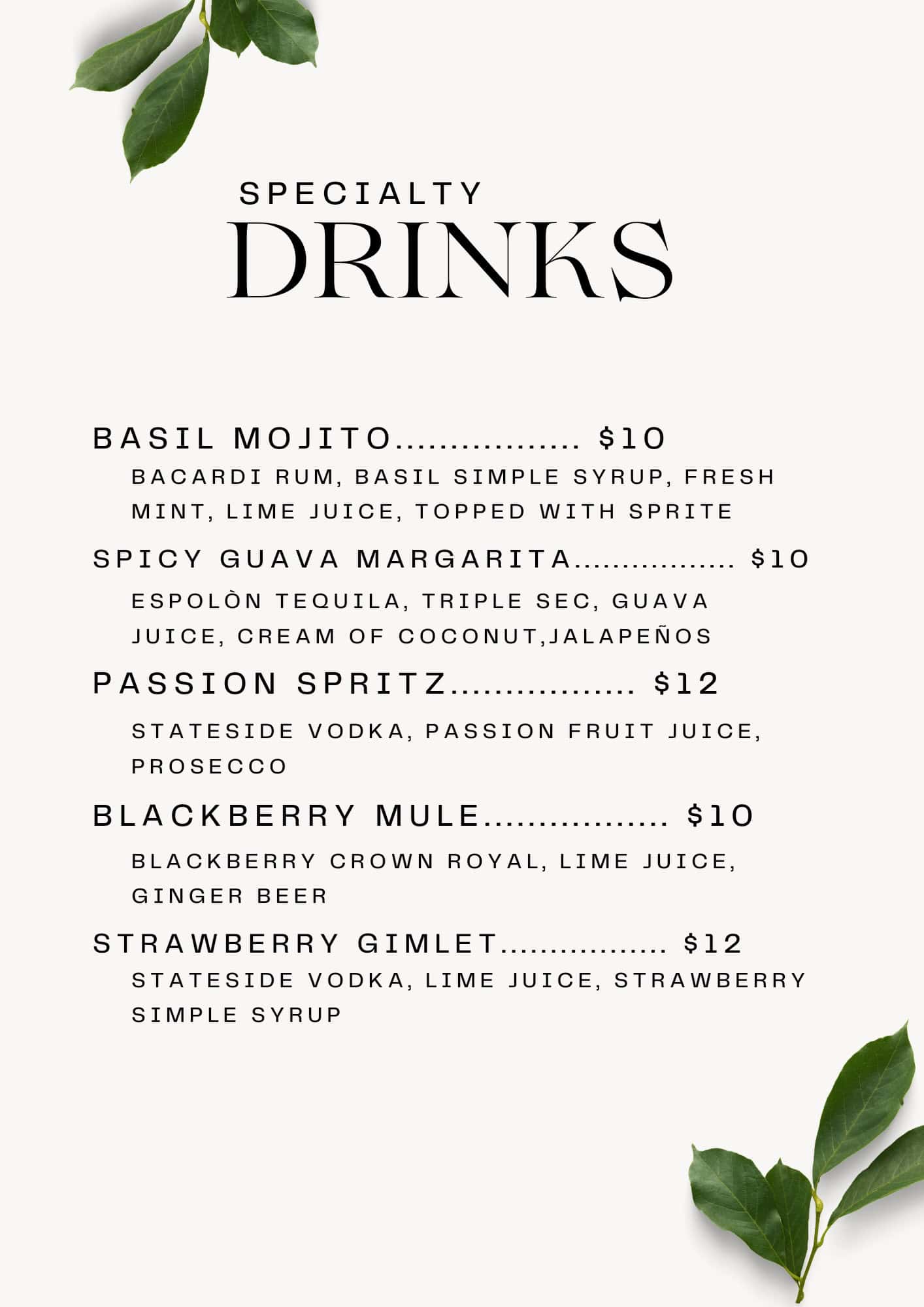 Menu Listing Specialty Drinks With Names And Prices, Featuring Ingredients Like Guava, Basil, And Coconut, Accompanied By Fresh Basil Leaves.