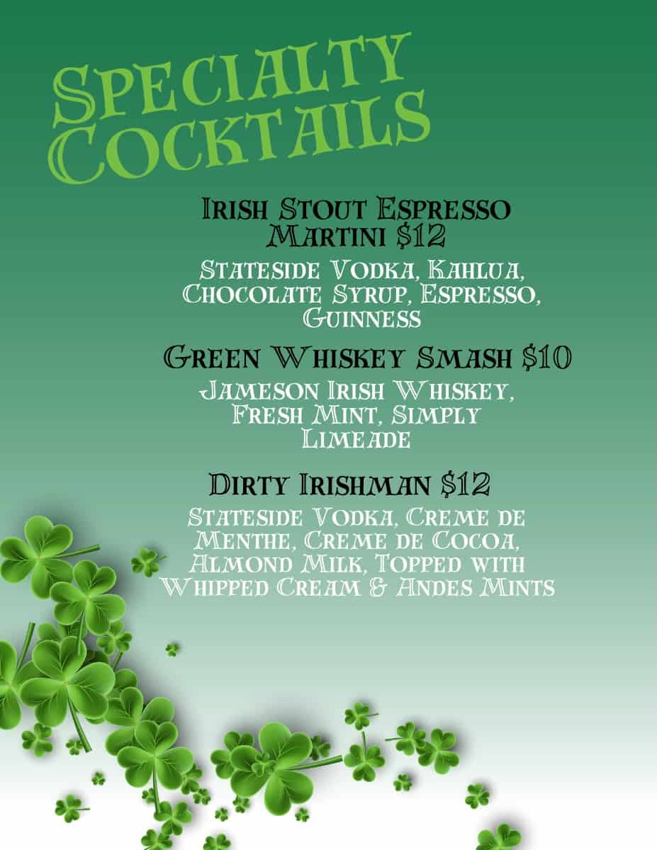 St patrick's day specialty cocktails.